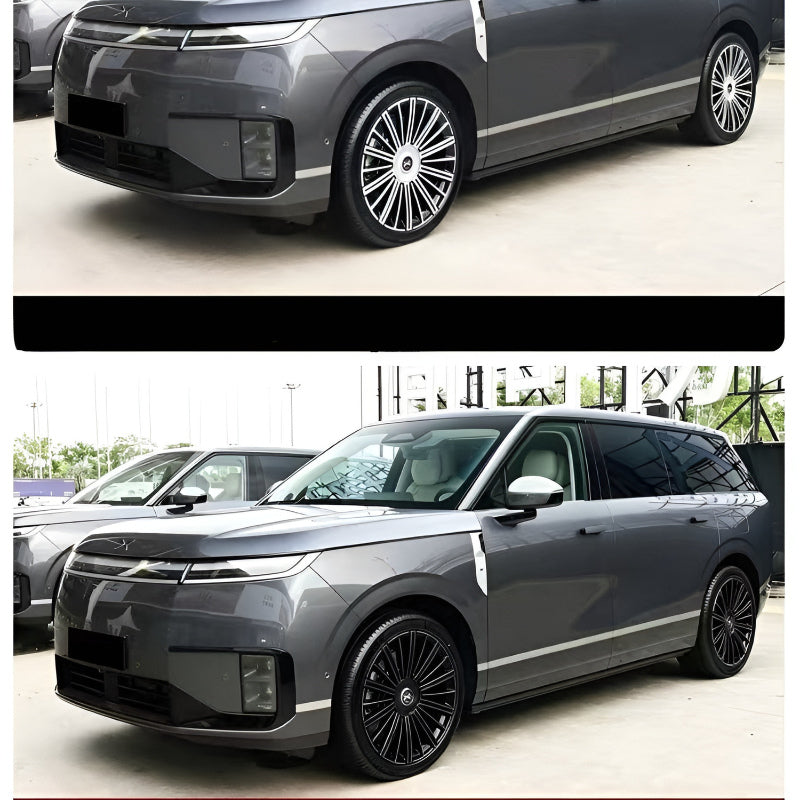 Before and after XPENG GX hubcap upgrade with black decorative decals