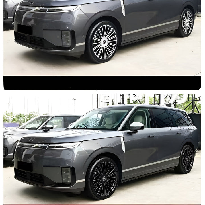Before and after XPENG GX hubcap upgrade with black decorative decals