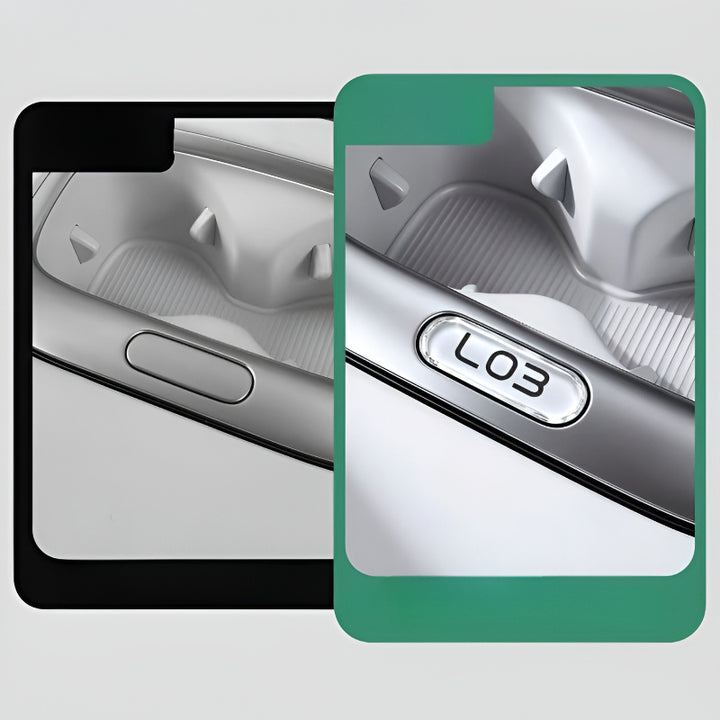 XPENG L03 Armrest Compartment Button Decals Before and After Installation Comparison