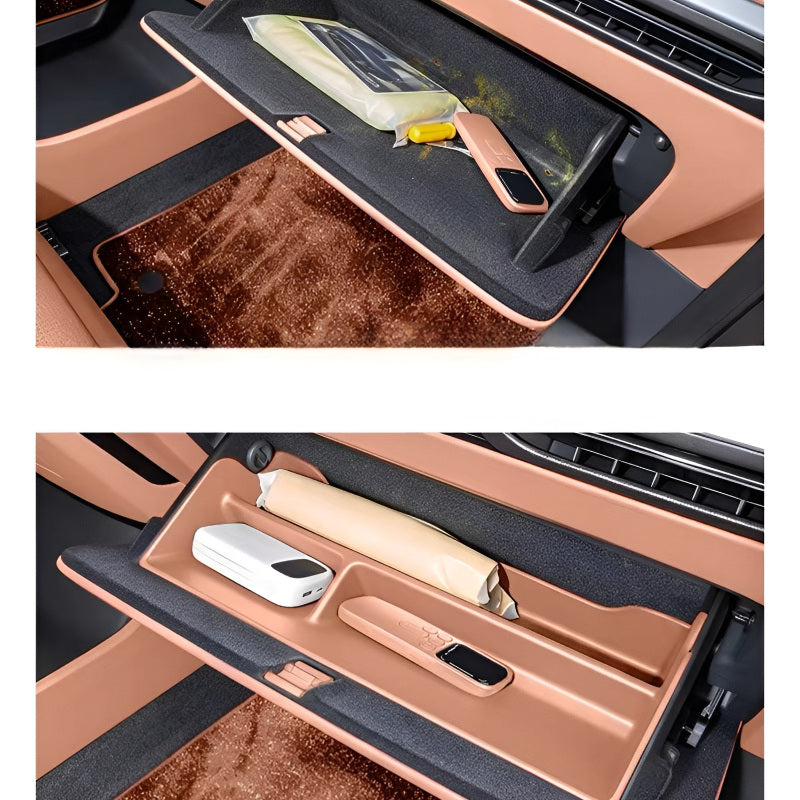 Storage in the Passenger-Side Glove Before and After Installation ComparisonCompartment of the XPENG G9L 